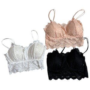 Lace Bralette Set Of 3 White Peach & Black Colors Floral Design Women One Size